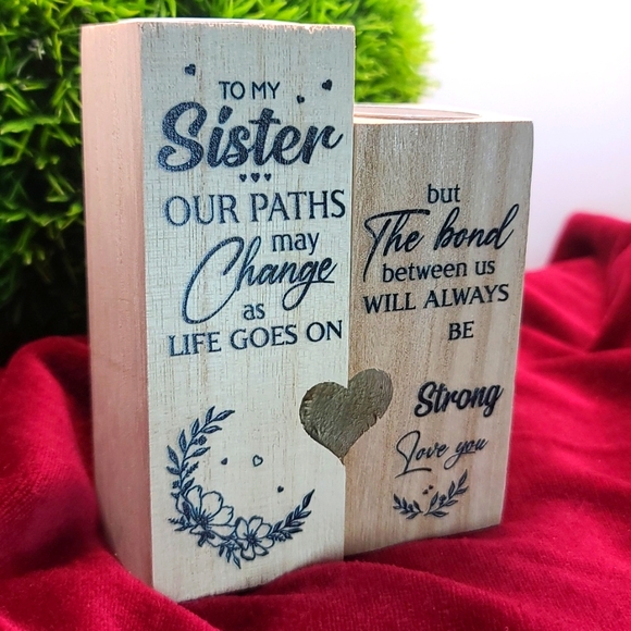 TO MY SISTER poem on dual wooden pedestal tea light candle holders NWT - Picture 4 of 5
